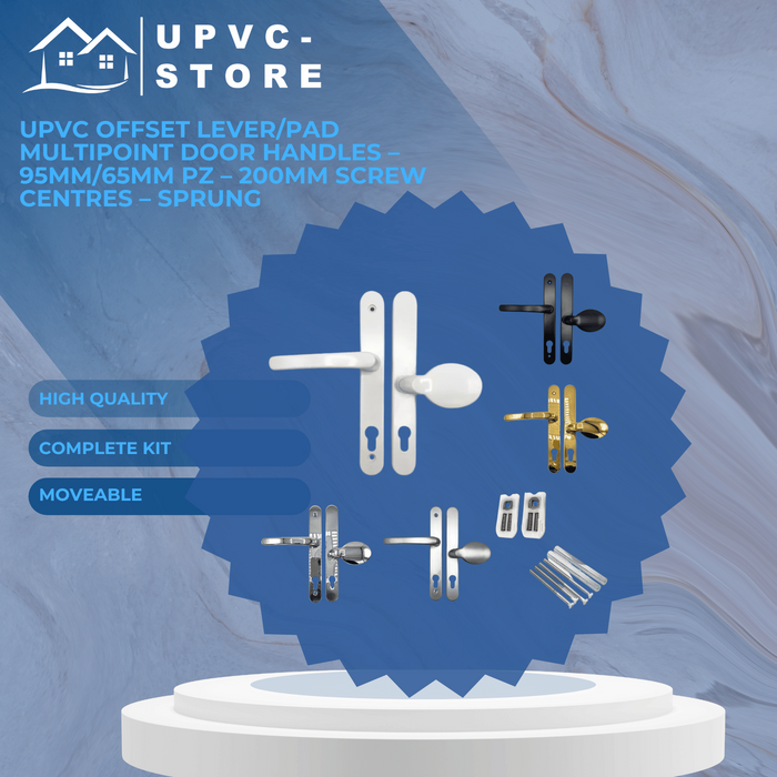 UPVC Offset Lever/Pad Multipoint Door Handles – 95mm/65mm PZ – 200mm Screw Centres – Sprung