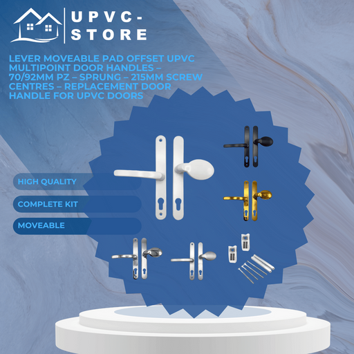 Lever Moveable Pad Offset uPVC Multipoint Door Handles – 70/92mm PZ – Sprung – 215mm Screw Centres – Replacement Door Handle for uPVC Doors