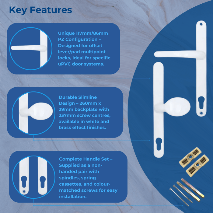 Offset Lever/Pad uPVC Multipoint Door Handles – 117mm/86mm PZ – 237mm Screw Centres – Sprung