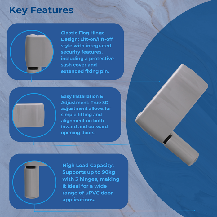 Anchorage Intelligent Strength Lift-Off uPVC Flag Door Hinge 16.5mm - 21mm – Heavy-Duty Adjustable Hinge for Double Glazing Doors