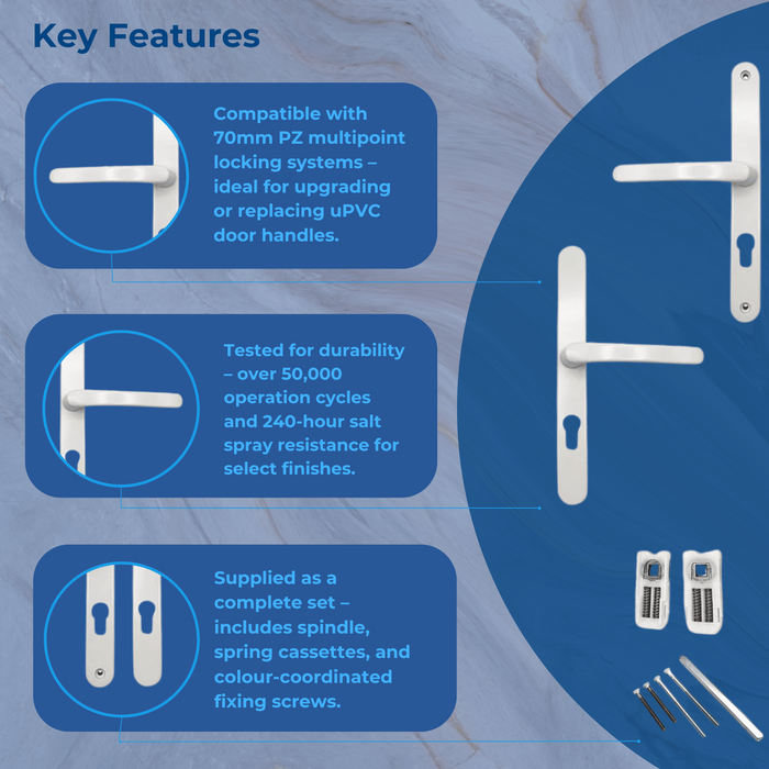 Sprung Lever/Lever uPVC Door Handles – 70mm PZ – 240mm Screw Centres – Multipoint Lock Compatible
