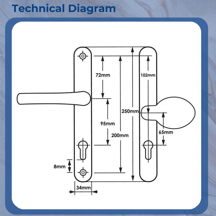 UPVC Offset Lever/Pad Multipoint Door Handles – 95mm/65mm PZ – 200mm Screw Centres – Sprung