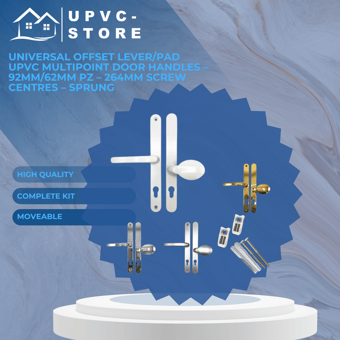 Universal Offset Lever/Pad uPVC Multipoint Door Handles – 92mm/62mm PZ – 264mm Screw Centres – Sprung