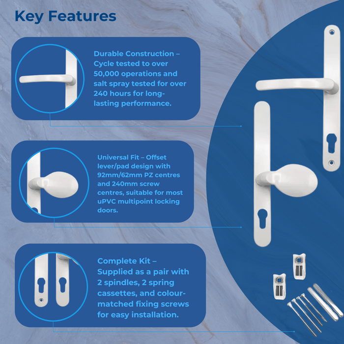 Sprung Lever/Pad Offset uPVC Multipoint Door Handles – 92mm/62mm PZ Centres – 240mm Screw Fixings