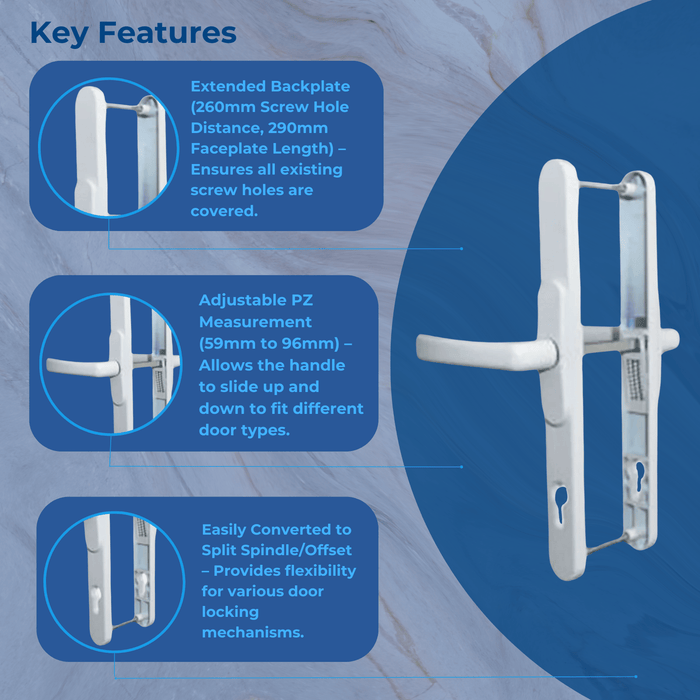 Universal Flexi UPVC Repair Door Handle Set Adjustable 59mm to 96mm Adjustable PZ Centres