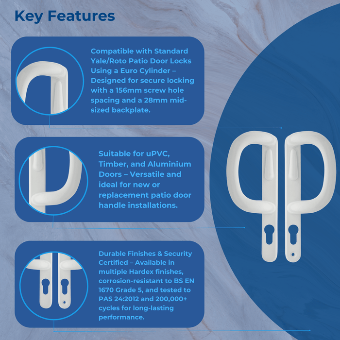 Pembroke Sliding Patio Locking Door Handle for uPVC, Timber & Aluminium Doors Reversible D shaped