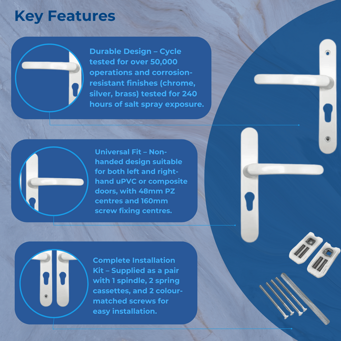 Lever Lever uPVC Multipoint Door Handles – 48mm PZ Centres – Sprung Mechanism – 160mm Fixing Screw Centres