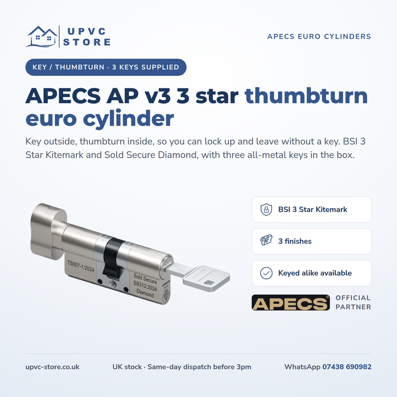 APECS AP v3 3 Star Euro Cylinder Thumbturn Door Lock uPVC Composite Aluminium Timber 3 Keys