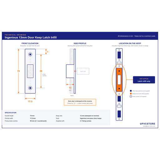 Ingenious 13mm latch infill technical drawing: 74mm length, 17.5mm width and 56mm screw centres