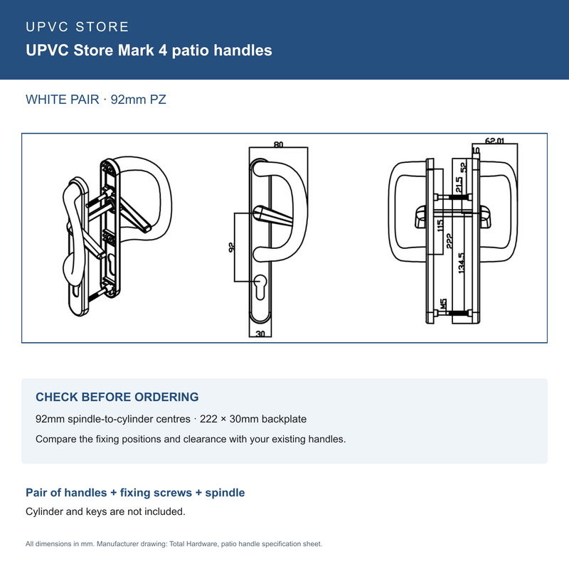 UPVC Store Mark 4 locking patio handle technical dimensions 92mm PZ