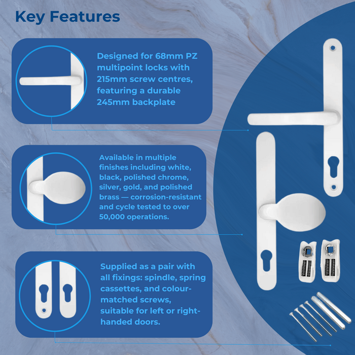 UPVC Lever Moveable Pad uPVC Door Handles for Multipoint Locks – 68mm PZ, 215mm Screw Centres, Sprung