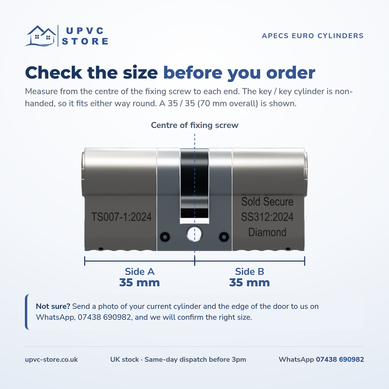 APECS AP v3 3 Star Euro Cylinder Key/Key Door Lock uPVC Composite Aluminium Timber 3 Keys