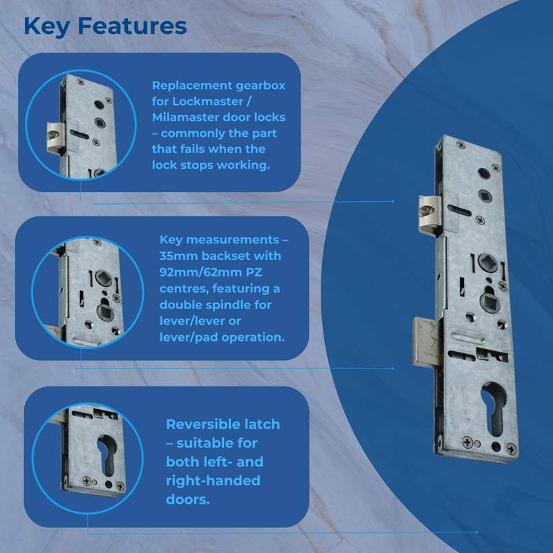 Replacement Lockmaster Mila Master Dual Twin Double Spindle Door Lock Centre Case Gearbox