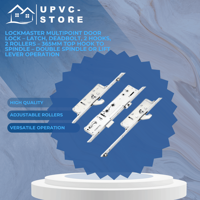 Lockmaster Multipoint Door Lock – Latch, Deadbolt, 2 Hooks, 2 Rollers – 365mm Top Hook to Spindle – Double Spindle or Lift Lever Operation