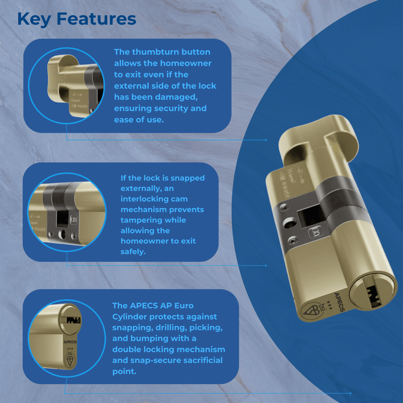 APECS AP 3* Star Euro Cylinder Thumb Turn Door Lock uPVC Aluminium Timber Door Barrel 6 Pin 5 Keys