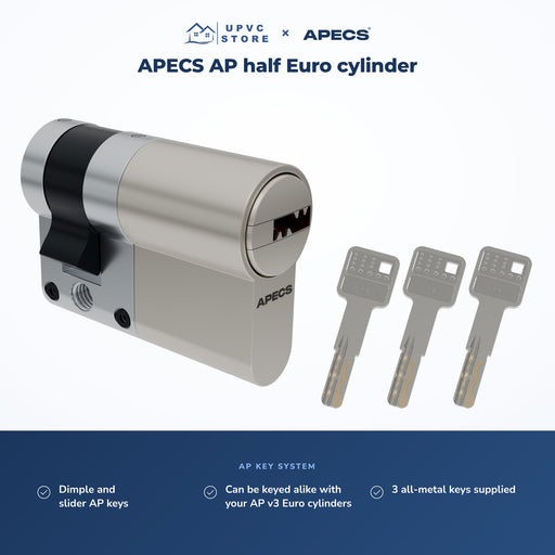APECS AP half Euro cylinder in Brushed Satin Nickel with three AP keys shown face-on and the UPVC Store and APECS logos; dimple and slider AP keys, can be keyed alike with AP v3 Euro cylinders, supplied with 3 all-metal keys