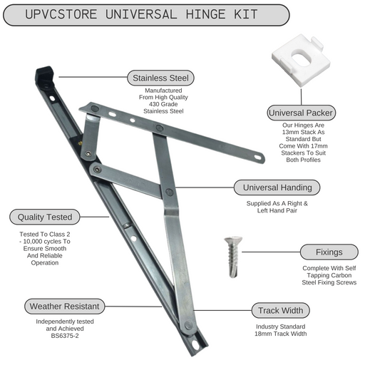 uPVC Universal Window Hinge Kit Double Glazing Friction Stay PVC 13mm 17mm Stack 8 10 12 16 20 24 inch