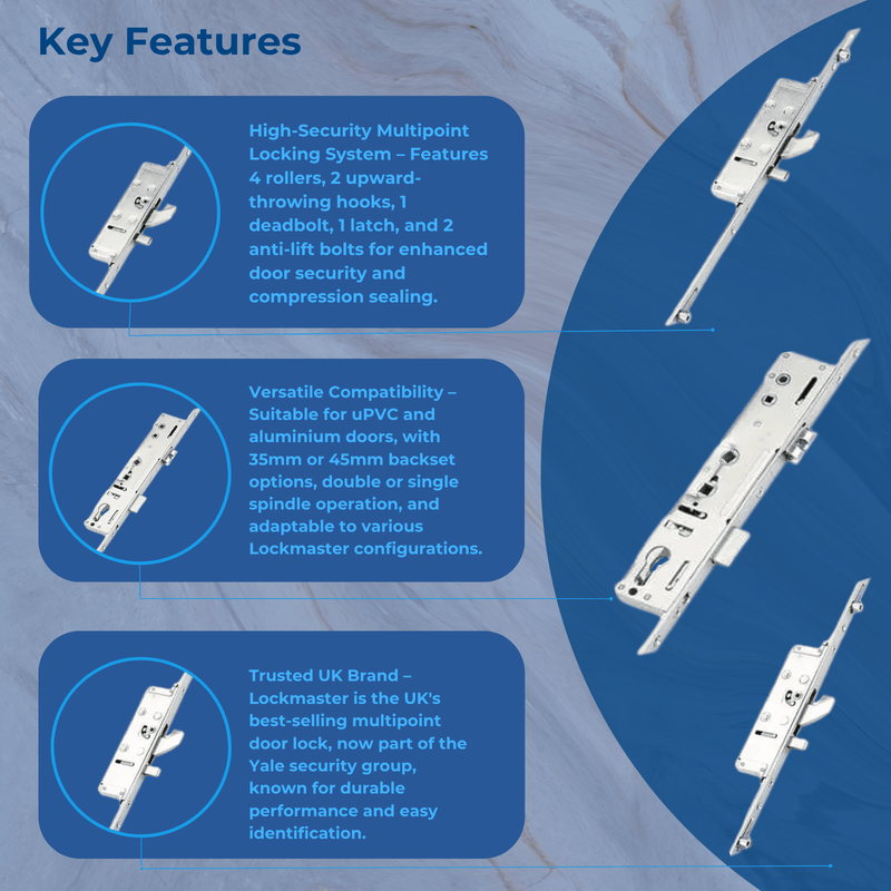 Lockmaster Multipoint Door Lock – 2 Hooks, 2 Anti-Lift Pins, 4 Rollers, Latch & Deadbolt – Lift Lever or Double Spindle Operation (621mm Top Hook to Spindle Distance)
