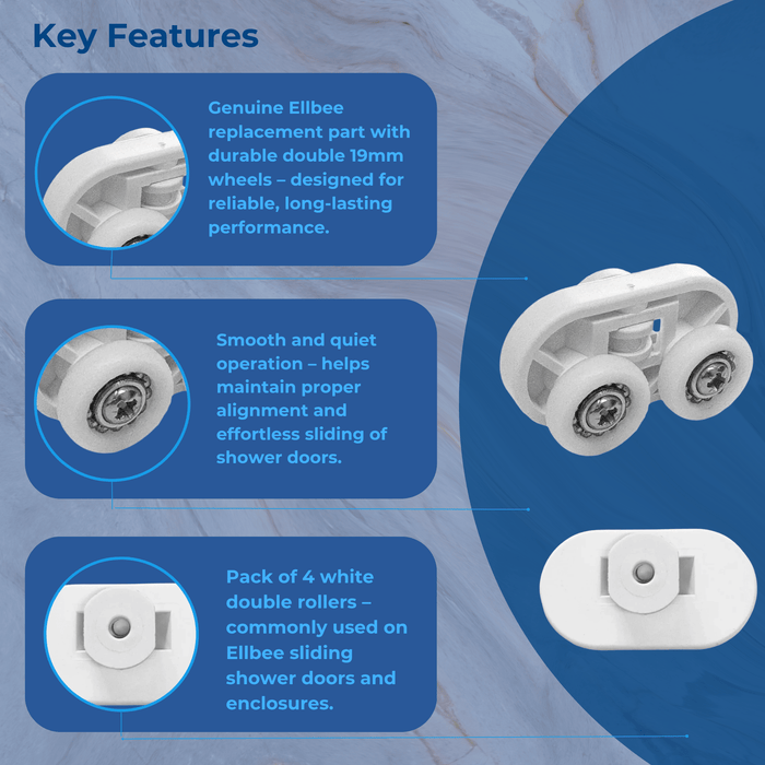 4 x CARAVAN ELLBEE WHITE SHOWER DOOR ROLLERS DOUBLE 19MM WHEELS CARAVAN ELLBEE SHOWER DOOR ROLLERS DOUBLE 19MM WHEELS