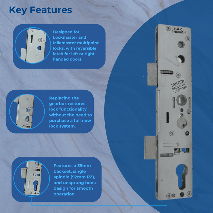 Genuine Lockmaster Single Spindle Gearbox 35mm Backset uPVC Door Lock Gear Box