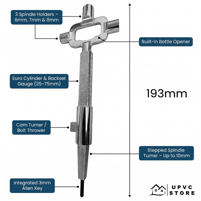 Locksmith Multi Tool – Euro Cylinder Gauge, Cam Turner, Spindle Turner & Backset Measuring Tool | Heavy Duty Steel | Trade & Professional Use