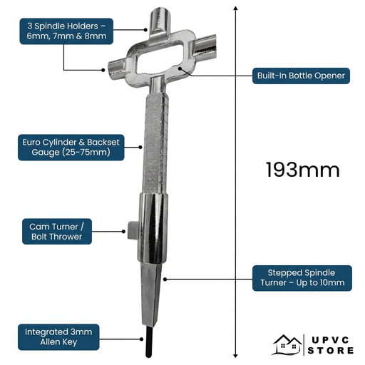 Locksmith Multi Tool – Euro Cylinder Gauge, Cam Turner, Spindle Turner & Backset Measuring Tool | Heavy Duty Steel | Trade & Professional Use