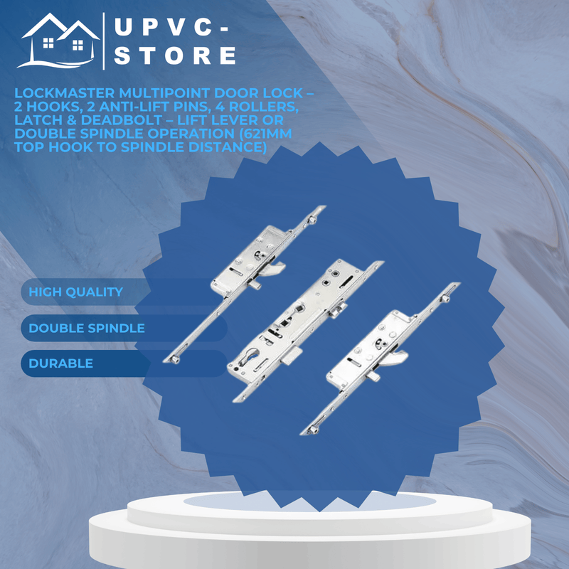 Lockmaster Multipoint Door Lock – 2 Hooks, 2 Anti-Lift Pins, 4 Rollers, Latch & Deadbolt – Lift Lever or Double Spindle Operation (621mm Top Hook to Spindle Distance)