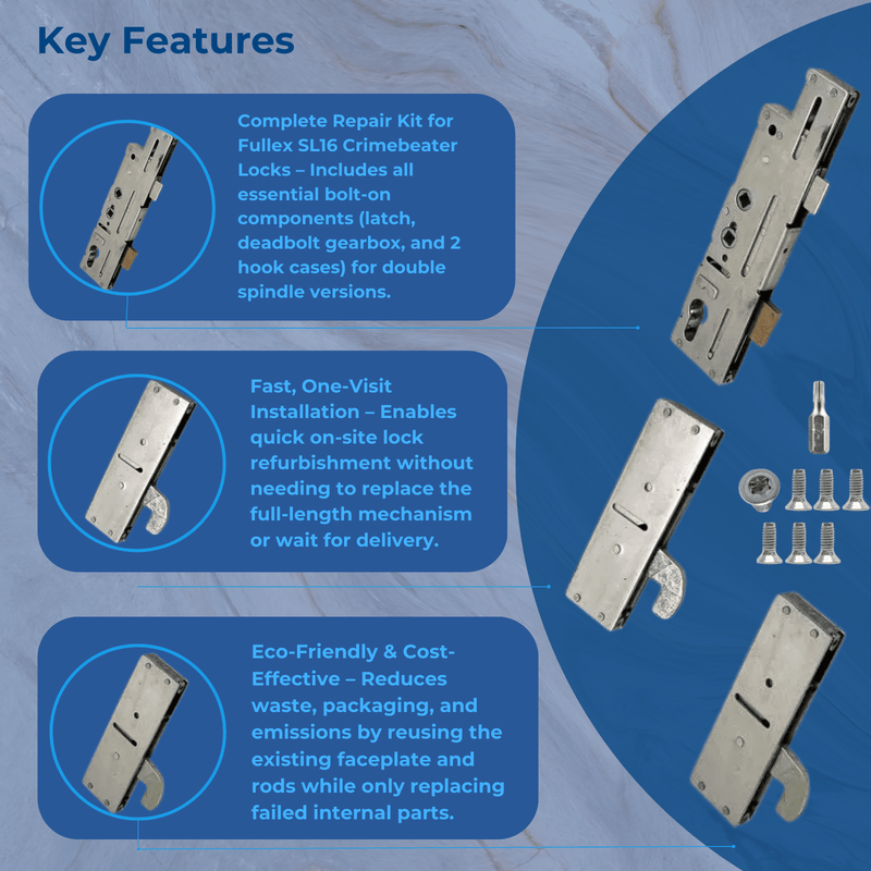 Fullex Crimebeater Multipoint Door Lock Refurbishment Kit – 2 Hooks – Double Spindle Version 35mm or  45mm Backset