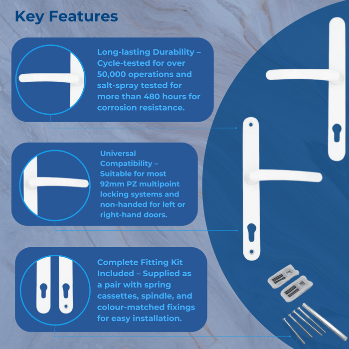 Sprung Lever/Lever uPVC Door Handles – 92mm PZ, 240mm Screw Centres, 270mm Backplate for Multipoint Locks