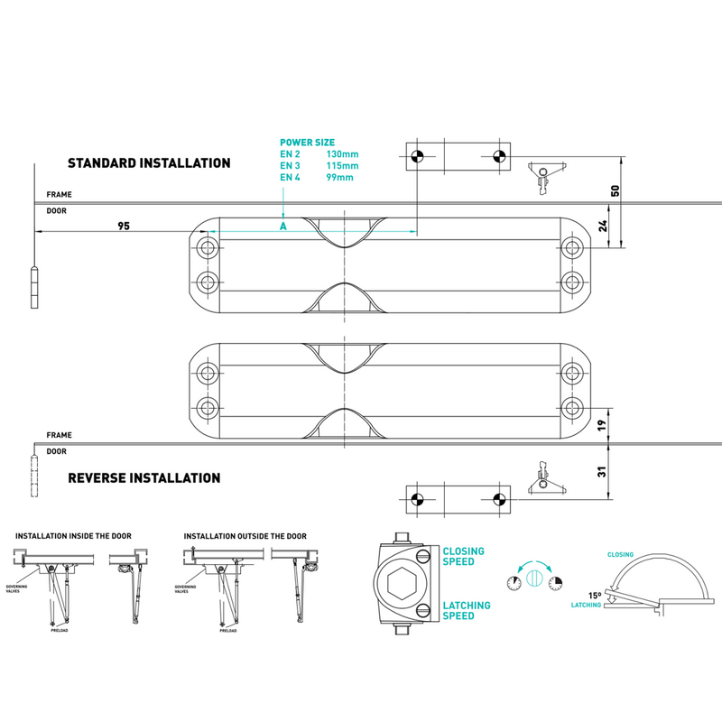 Adjustable Size 2-4 Overhead Door Closer No Cover BS EN1634 Fire Rated