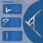 12" & 16" Egress Easy Clean UPVC Side Hung Window Hinges – Friction Stay, Fire Escape, 13mm & 17mm Stack Heights