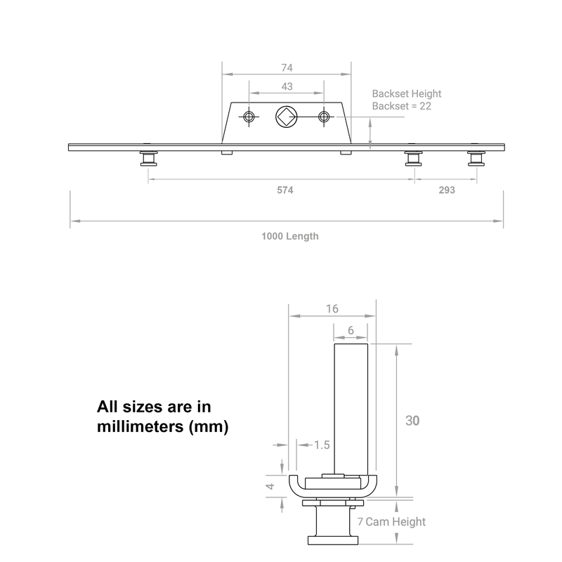 Offset U-Track Mushroom Espag Window Lock 22mm Backset 250 400 600 800 1000mm