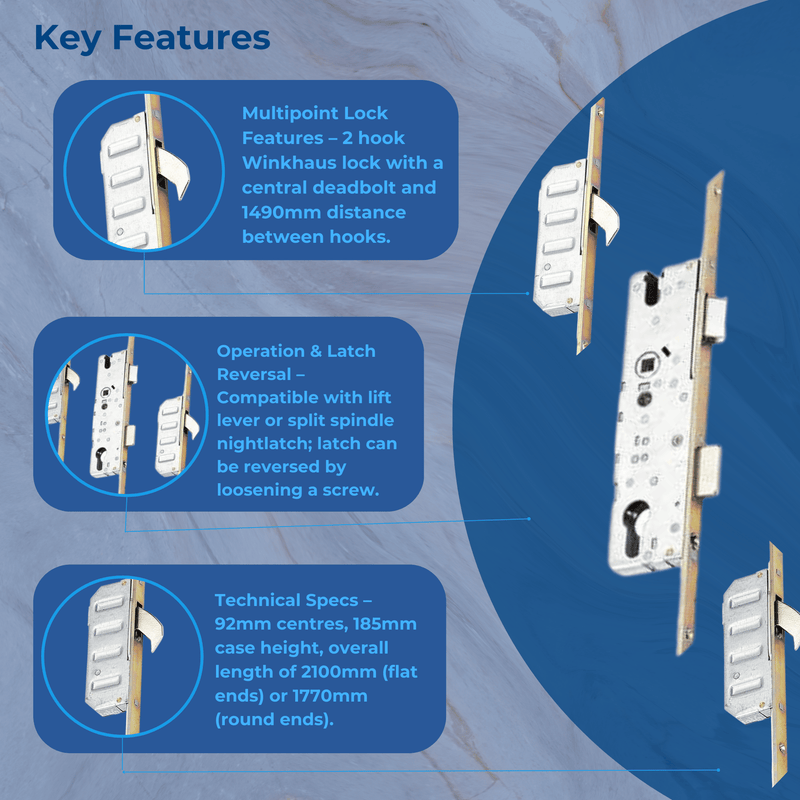 Winkhaus Cobra Latch, Deadbolt, 2 Hooks, 28/35/45/55mm Backset