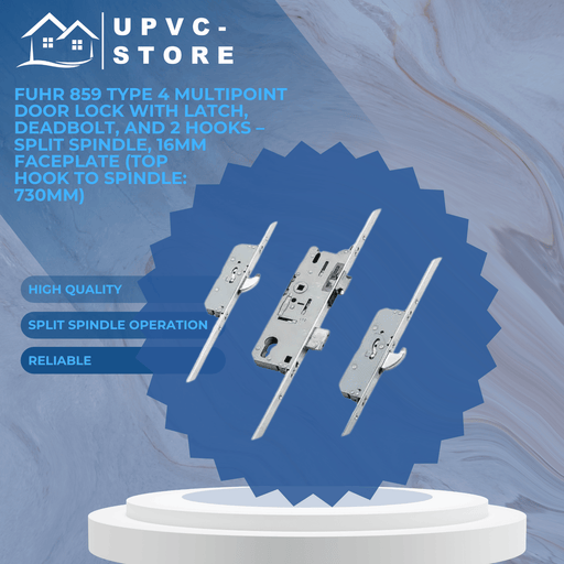 Fuhr 859 Type 4 Multipoint Door Lock with Latch, Deadbolt, and 2 Hooks – Split Spindle, 16mm Faceplate (Top Hook to Spindle: 730mm)