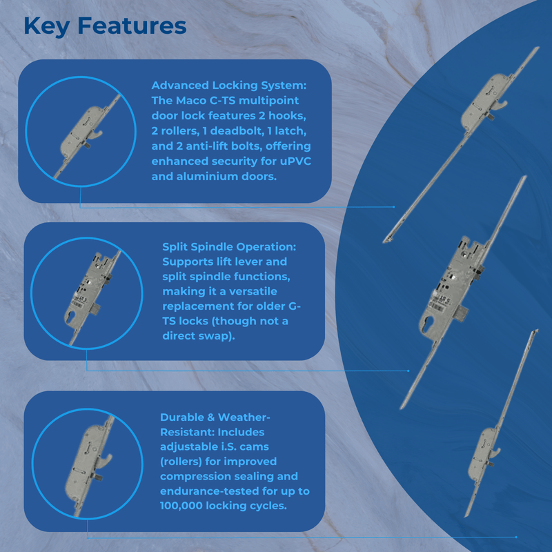 Maco C-TS Multipoint Door Lock – Split Spindle with 2 Hooks, 2 Rollers, Latch & Deadbolt – 16mm/24mm Top Hat Faceplate
