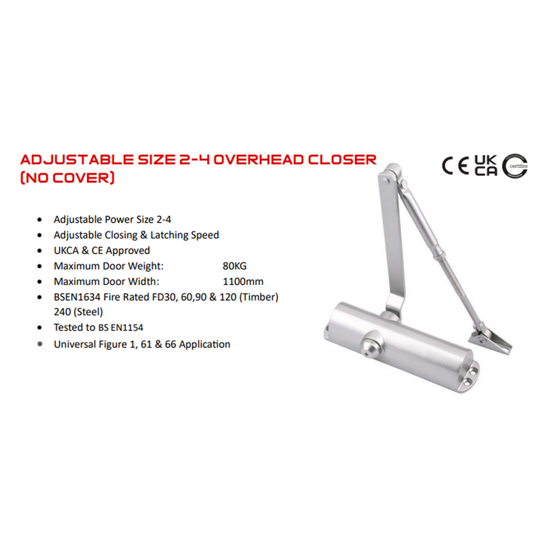 Adjustable Size 2-4 Overhead Door Closer No Cover BS EN1634 Fire Rated
