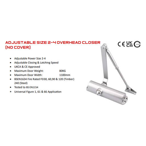 Adjustable Size 2-4 Overhead Door Closer No Cover BS EN1634 Fire Rated