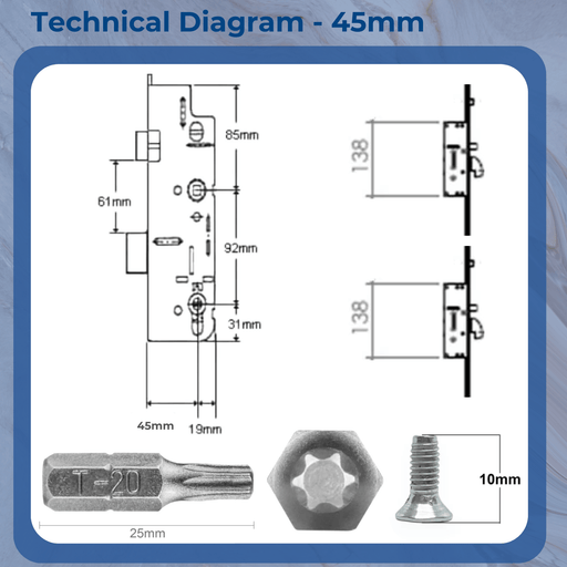XL Refurbishment Kit with 2 Anti-Lift Hooks – Multipoint Door Lock Repair Solution -35mm or 45mm Backset – Multipoint Lock Repair Set