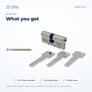 In the box: an APECS AP v3 Euro key/key cylinder, three all-metal AP keys and a fixing screw