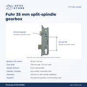 Fuhr 35mm split-spindle gearbox fitting guide: 35mm backset, 92mm centres and 194 by 50mm case