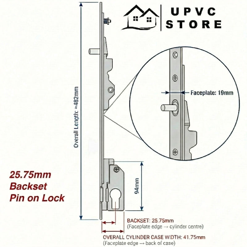 Fullex MK2 2 Point Sliding Patio Door Lock – Pin on Lock – 18.75mm / 25.75mm / 28.75mm Backset