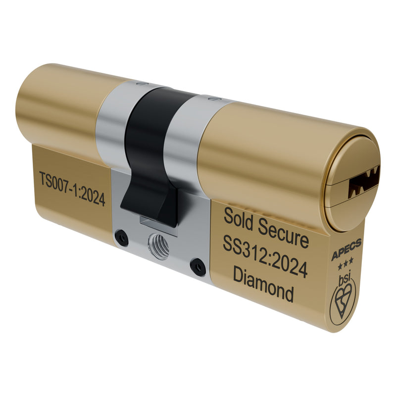 APECS AP v3 3-star Euro key/key cylinder in Brushed Brass, on a white background