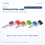 Six APECS AP keys fitted with optional coloured key caps in purple, red, orange, green, blue and black