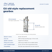GU old-style 45mm technical guide: backset, 92mm centres, case dimensions and fixings