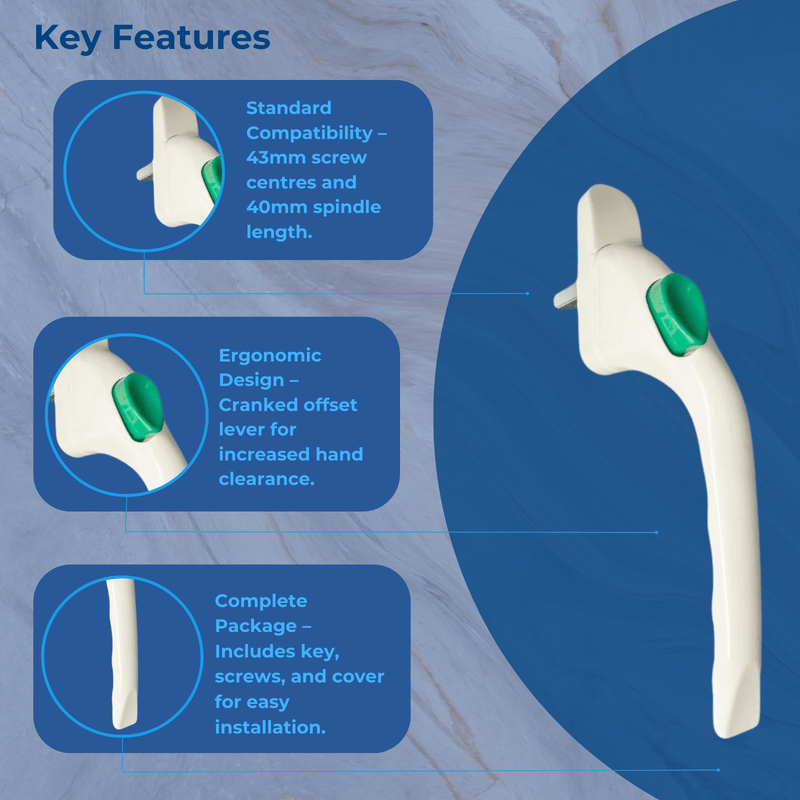 White With Green Button Cranked 40mm Spindle UPVC Window Handle Espag None Lock Left or Right