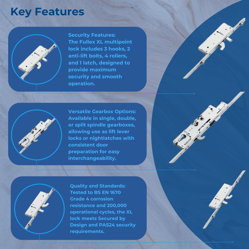 Fullex XL Multipoint Door Lock – 3 Hooks, 2 Anti-Lift Pins, 4 Rollers, Latch – 721mm Top Hook to Spindle