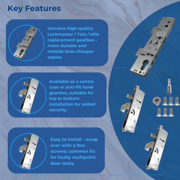 Genuine Lockmaster Single Spindle 35mm Backset uPVC Door Lock GearBox- Mila Anti-Lift Hook Door Lock Refurbishment Kit