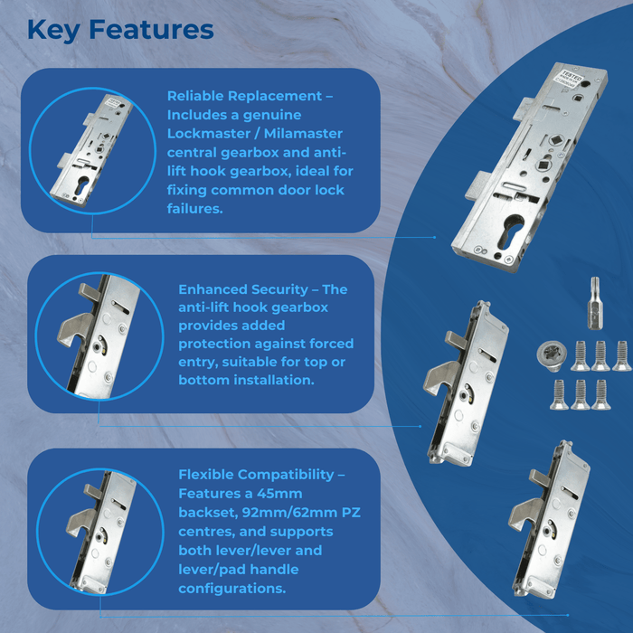 Genuine Lockmaster Mila Master Multi Point Upvc Gearbox Door Lock 45mm - Mila Anti-Lift Hook Door Lock Refurbishment Kit 