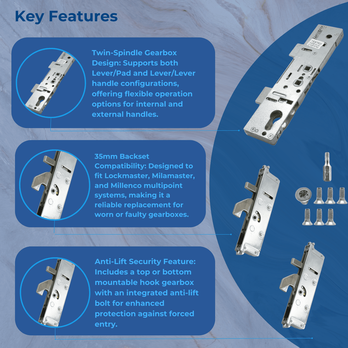 Genuine Lockmaster Mila Master Multi Point Upvc Gearbox Door Lock 35mm - Mila Anti-Lift Hook Door Lock Refurbishment Kit 