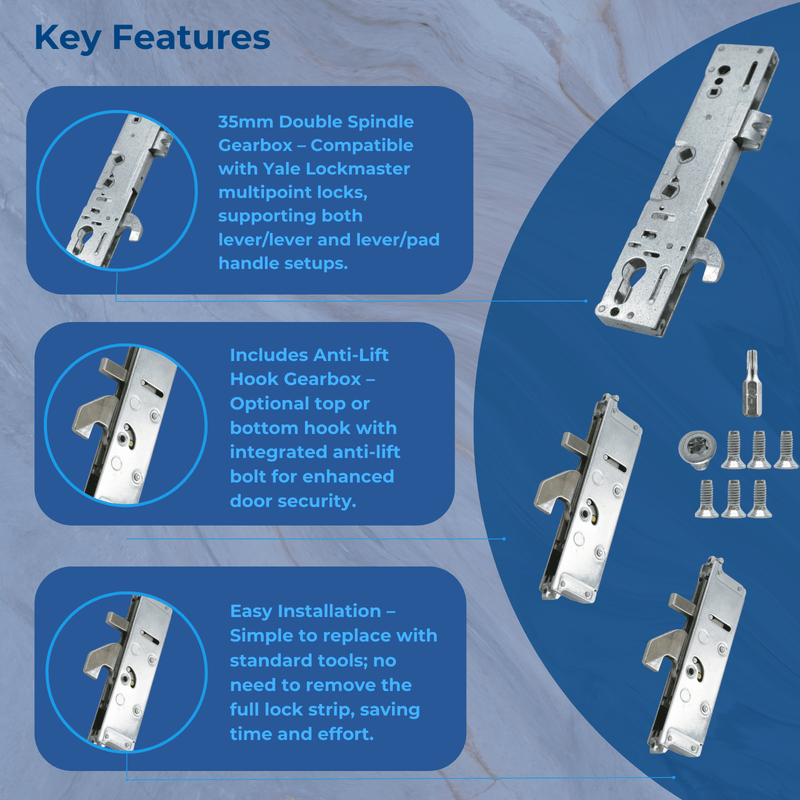 Lockmaster Millenco Upvc Gearbox Door Lock Hook Night Latch 35mm Backset- Mila Anti-Lift Hook Door Lock Refurbishment Kit